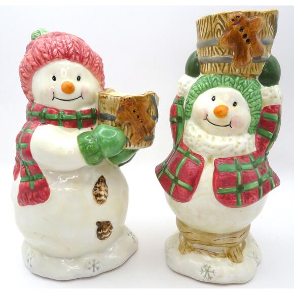 BICO Snowman Candleholder Set Christmas Ceramic Plaid Winter Decor 6 Inch Pair - Picture 2 of 12
